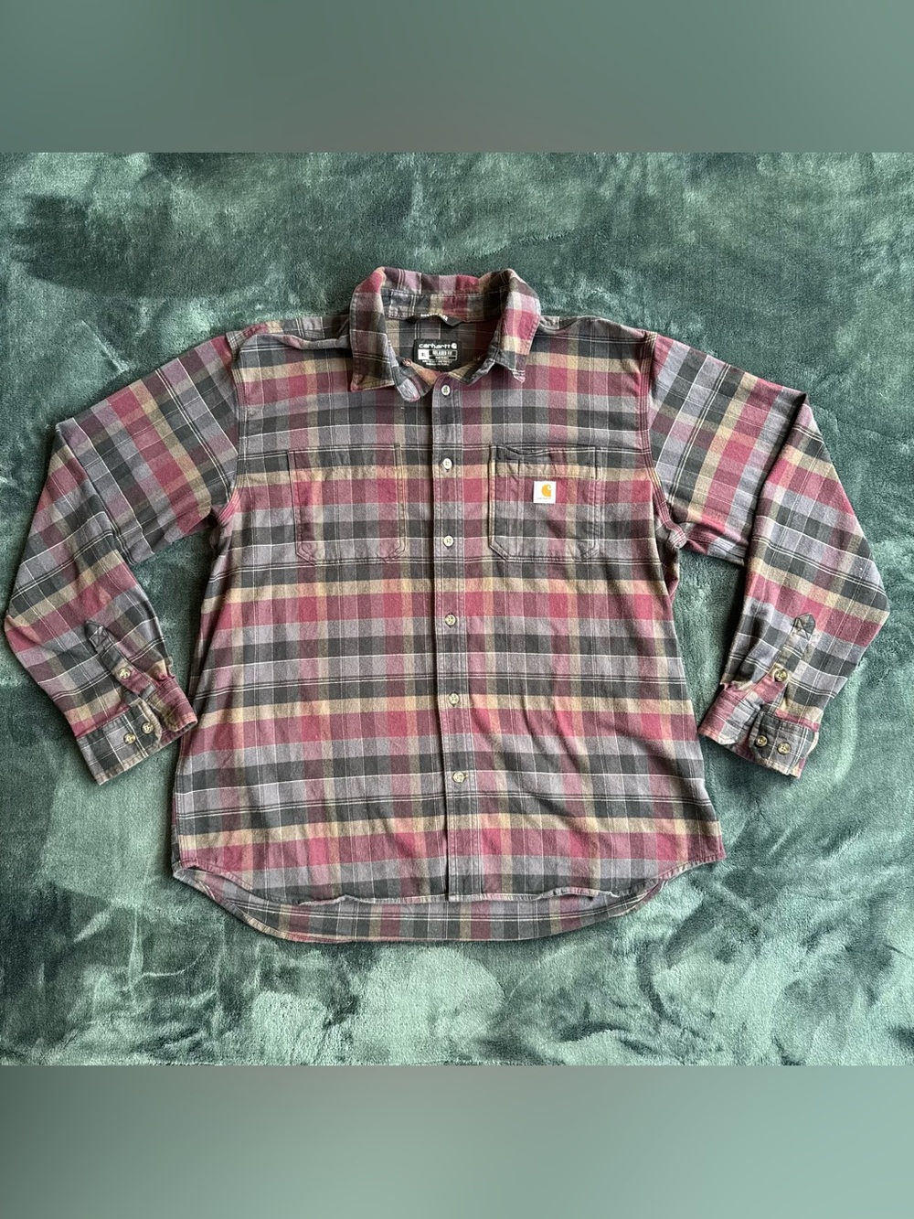 Carhartt Rugged Flex Plaid Flannel Shirt XL Relaxed Fit Burgundy Grey